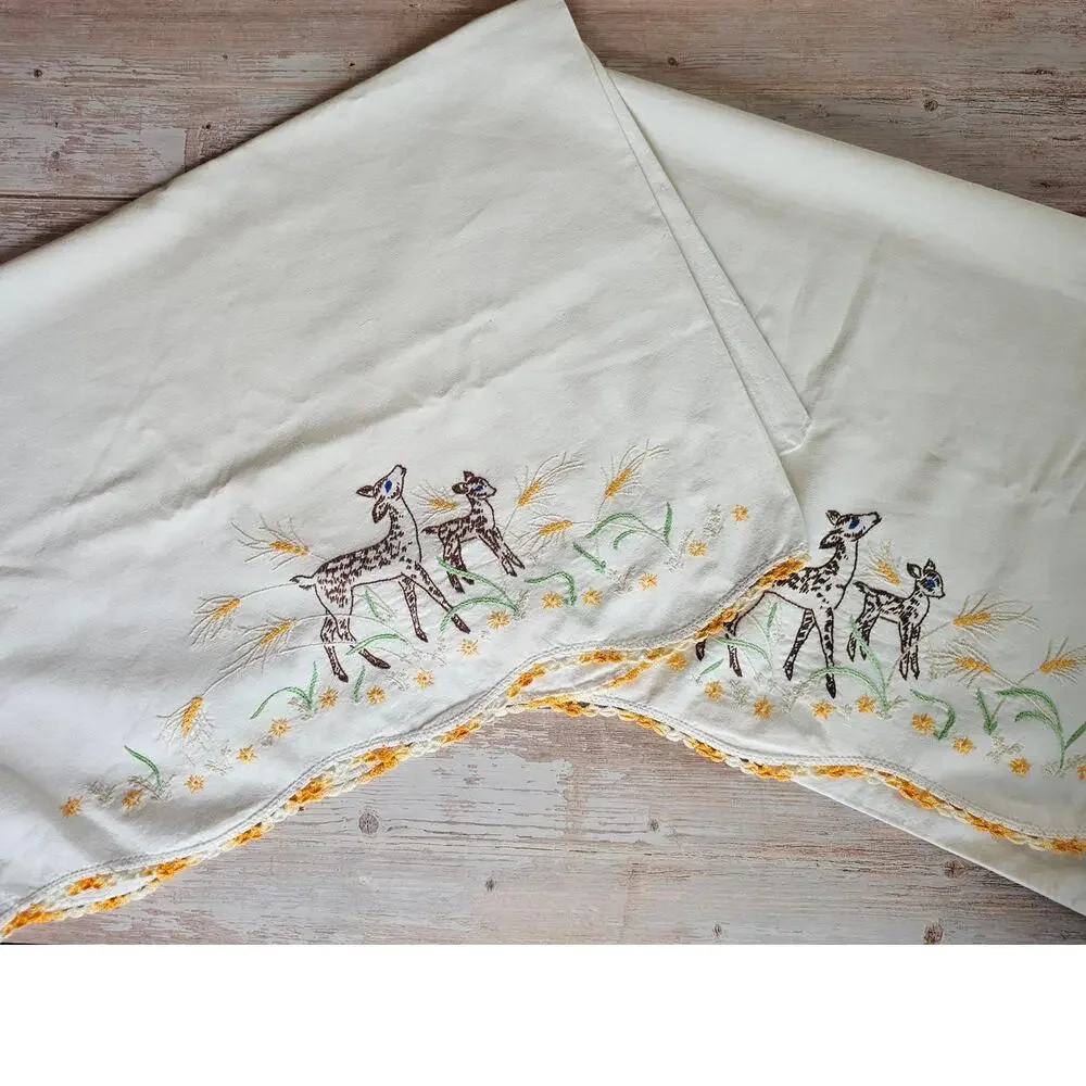 Pair~DEER Fawn Vintage White Cotton Hand Embroidered Pillowcases